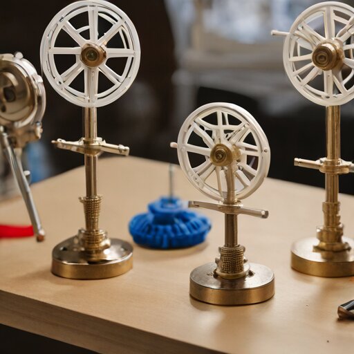 3D-printed cup anemometer assembly with hemispherical cups, brass bushings, and gear housing on a cluttered workbench