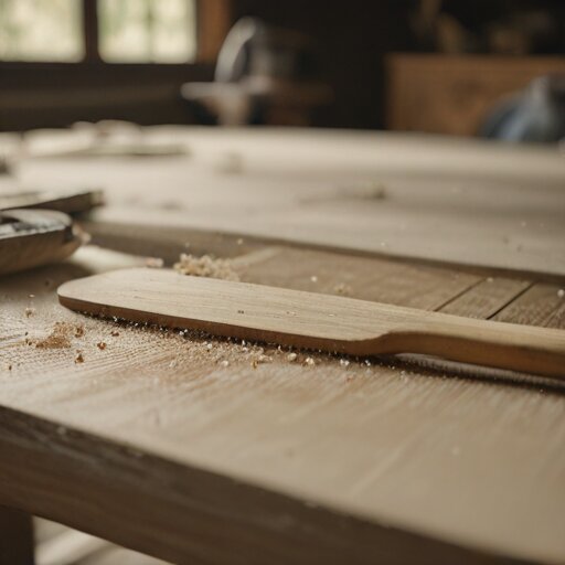 A half-carved green ash canoe paddle clamped to a workbench, drawknife and shavings nearby, a faint raised spine down the blade