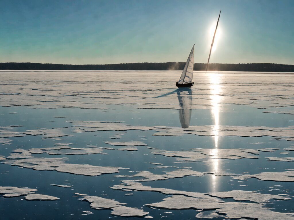 A lone DN iceboat carving across black ice on a frozen prairie lake in low winter sun, snow drifts streaking the surface