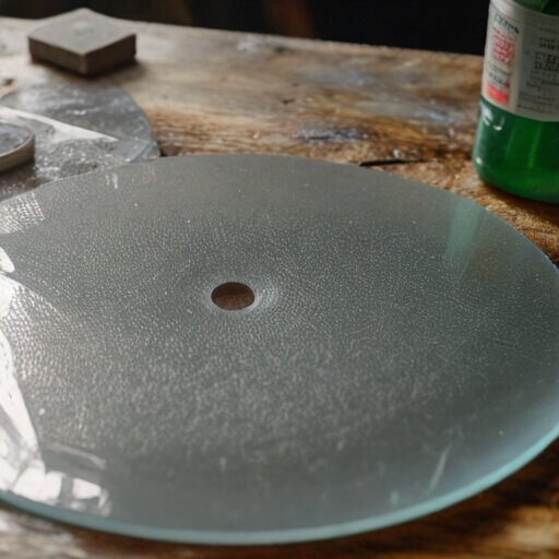 Cracked 6-inch Pyrex mirror blank on workbench with silicon carbide grit scattered around it