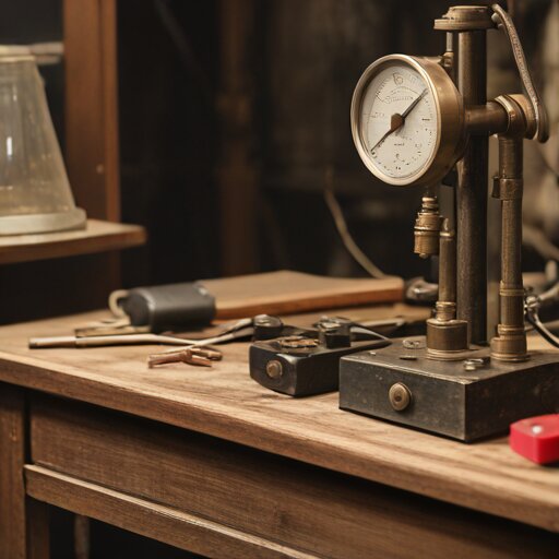 Disassembled telegraph sounder on workbench with adjustment screws and multimeter