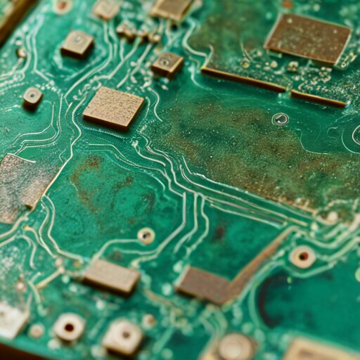 Failed PCB patina attempt showing eaten-through copper, uneven oxidation, and fingerprint ghosts