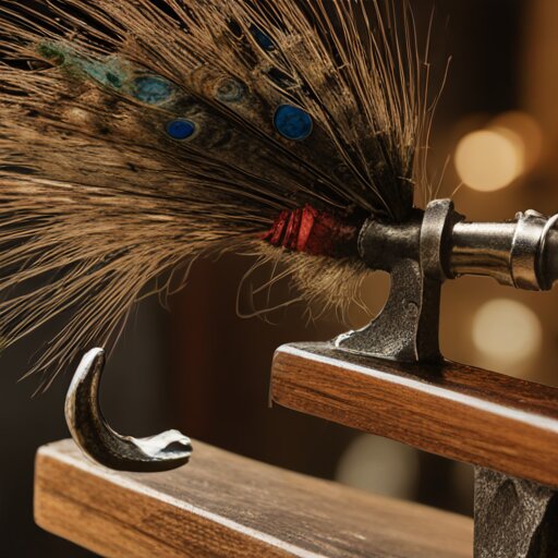 Fly tying vise holding a hook with thread bobbin and feathers on workbench