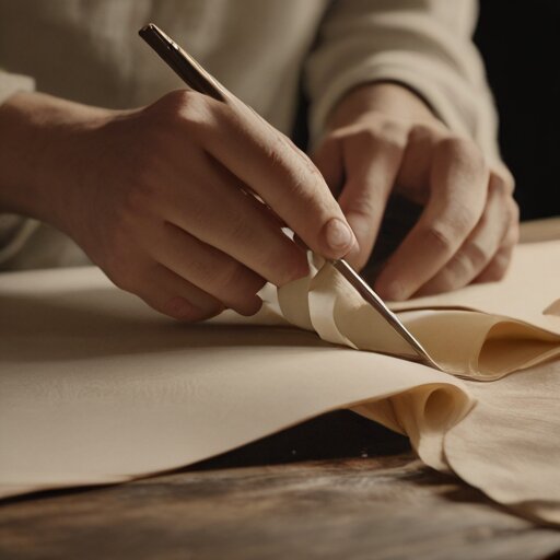 Folding paper signatures with a bone folder on a wooden workbench