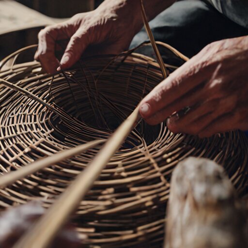Hands weaving the spiralling slath base of a willow basket on a knee, damp buff rods radiating out like spokes, a bag of soaked rods on the floor