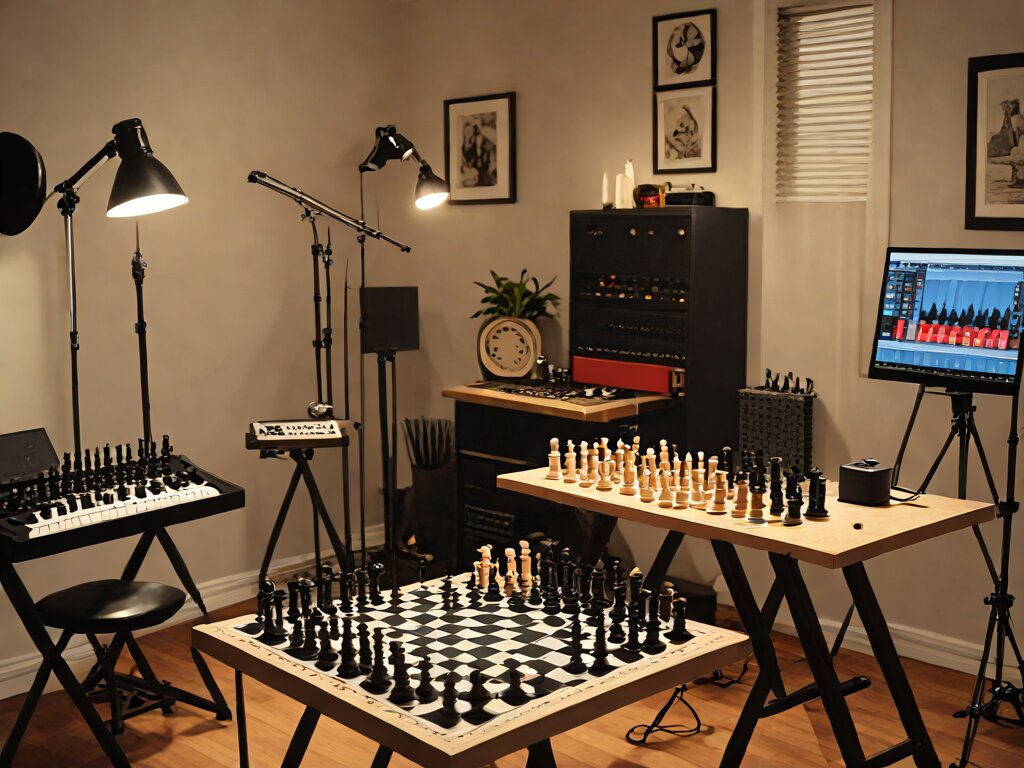Home studio blending chess analysis and music production