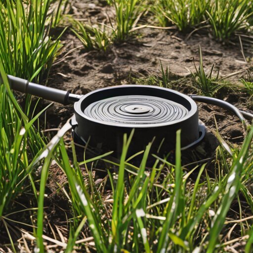 Metal detector coil hovering over spring grass in a backyard, trowel and dirt pile nearby