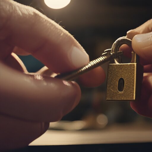 Practice padlock finally picked open, with tension wrench and hook still in the keyway