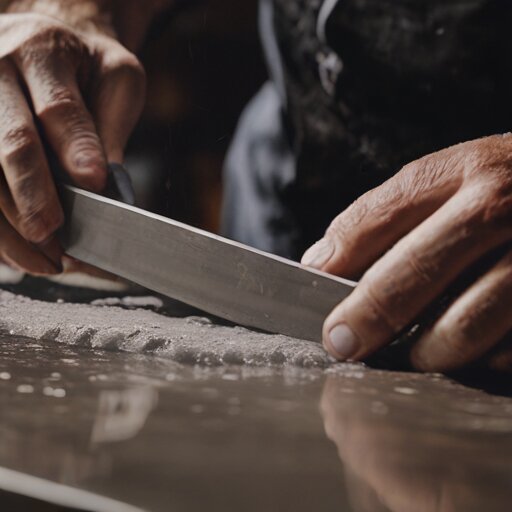 Sharpening a knife on a Japanese waterstone, grey slurry forming on the wet surface