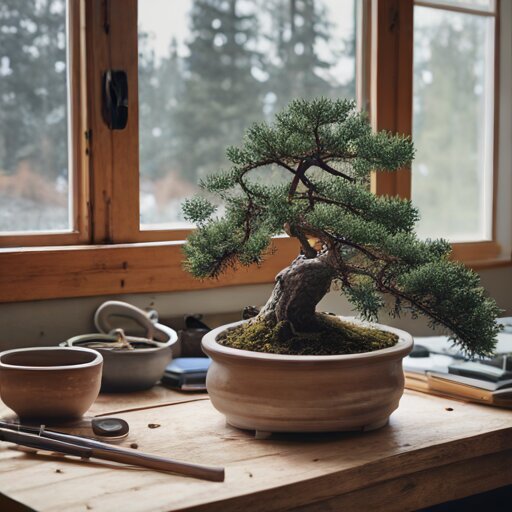 Small juniper bonsai with twisted trunk on workbench beside specialized tools