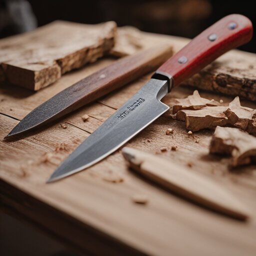 Swedish carving knife, hook knife, and hatchet on a workbench with birch shavings