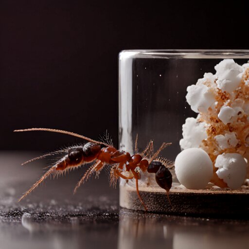 Test tube founding setup with queen ant and eggs visible through the glass
