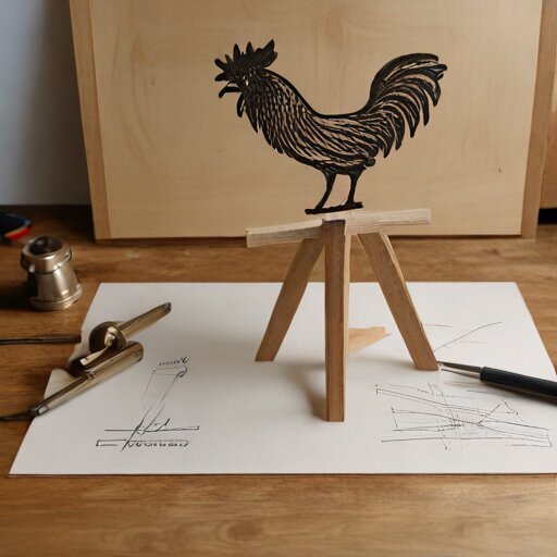 Wooden weather vane blank with brass bearing hardware and balance calculations sketched on paper