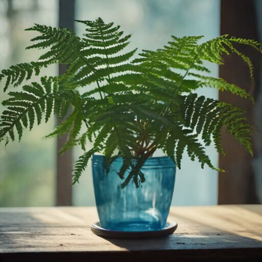 Young fern positioned on cyanotype-coated paper under glass, beginning a multi-day photographic exposure